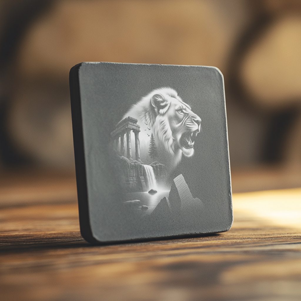 Lion Waterfall Double Exposure Slate Coaster Engraving File,