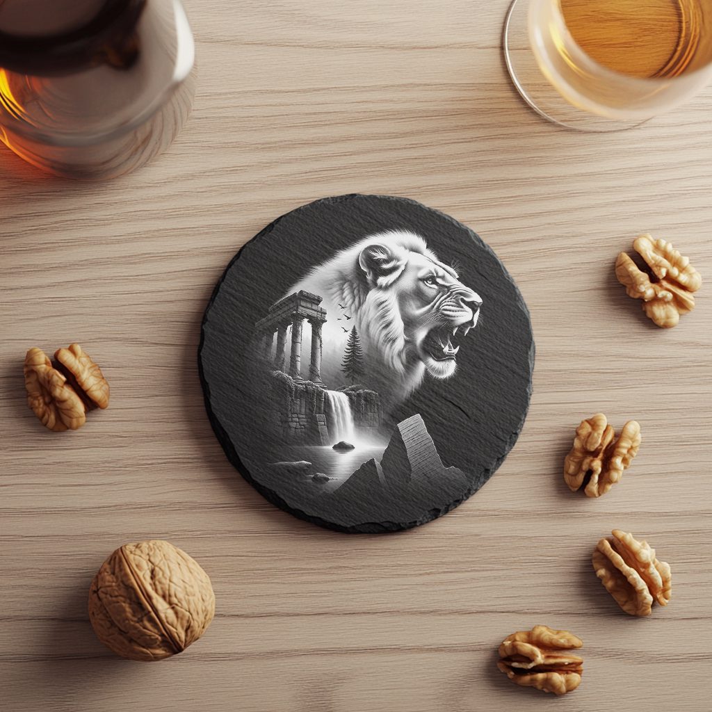 Lion Waterfall Double Exposure Slate Coaster Engraving File,