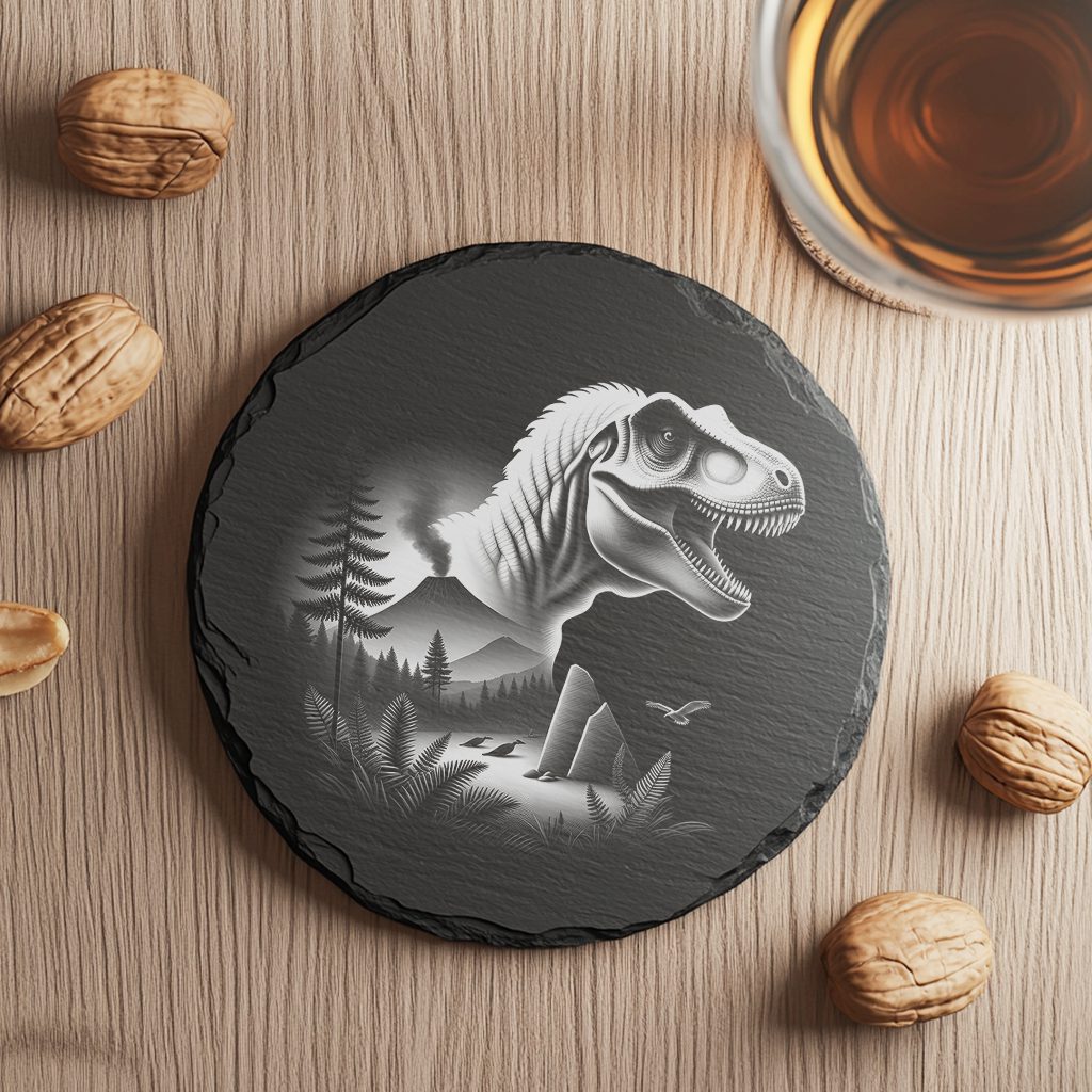 Slate Coaster Digital Design, Laser Engraved T-Rex Forest