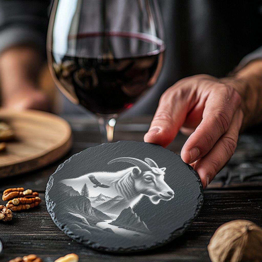 Slate Coaster Engraving Design, Mountain Goat Double Exposure,