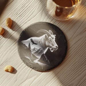 Slate Coaster Engraving Design, Mountain Goat Double Exposure,
