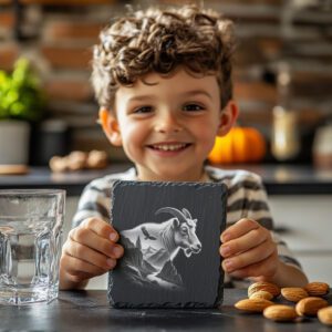Slate Coaster Engraving Design, Mountain Goat Double Exposure,