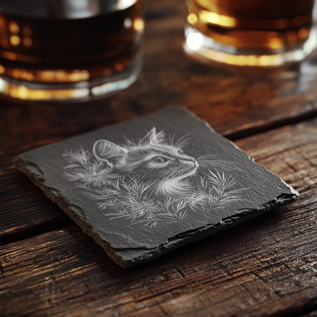 Slate Coaster Engraving File, 3D Cat and Flower,