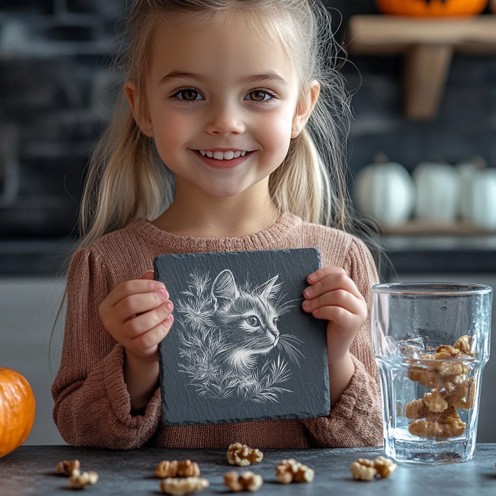 Slate Coaster Engraving File, 3D Cat and Flower,