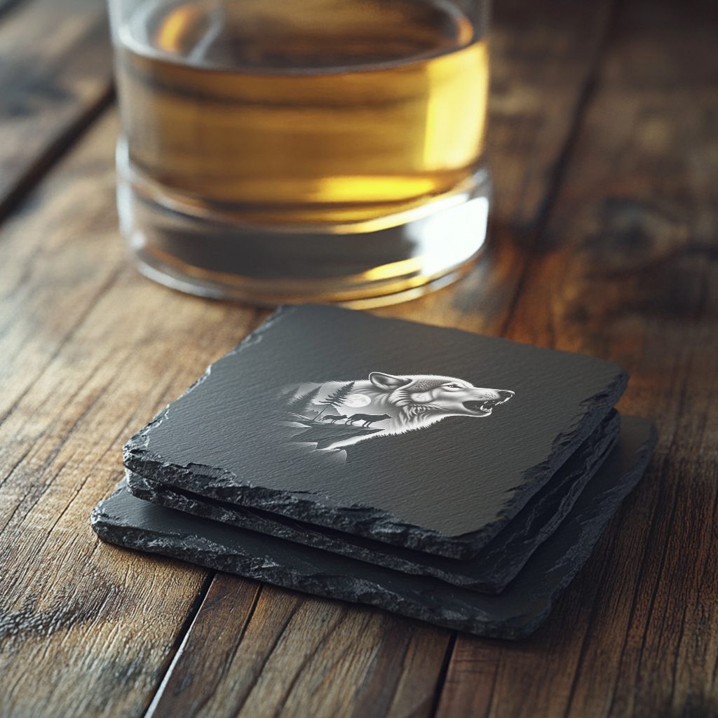 Slate Coaster Engraving File, Double Exposure Wolf Moon,