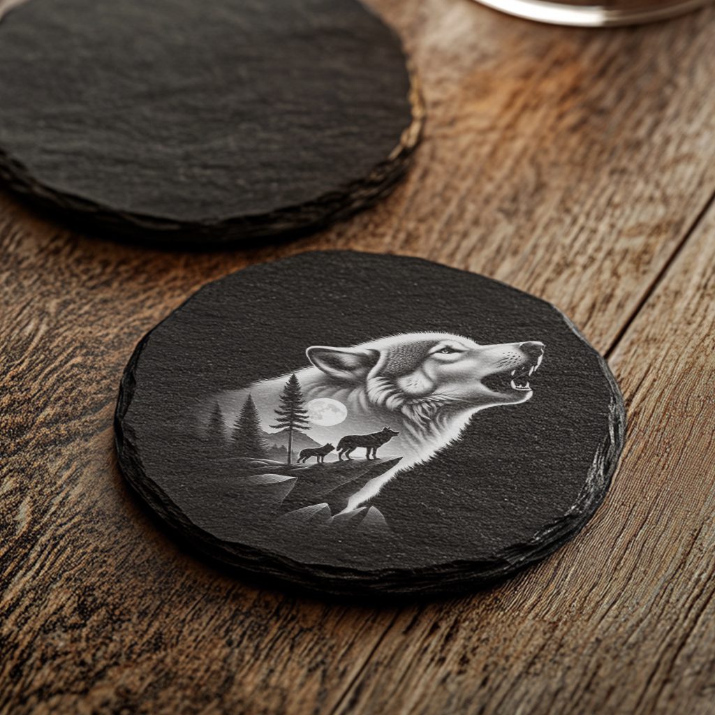 Slate Coaster Engraving File, Double Exposure Wolf Moon,