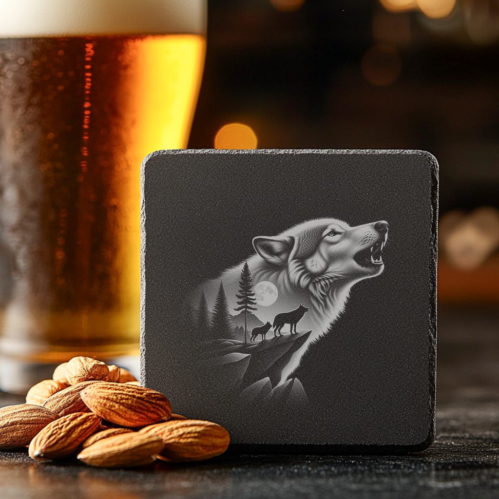 Slate Coaster Engraving File, Double Exposure Wolf Moon,