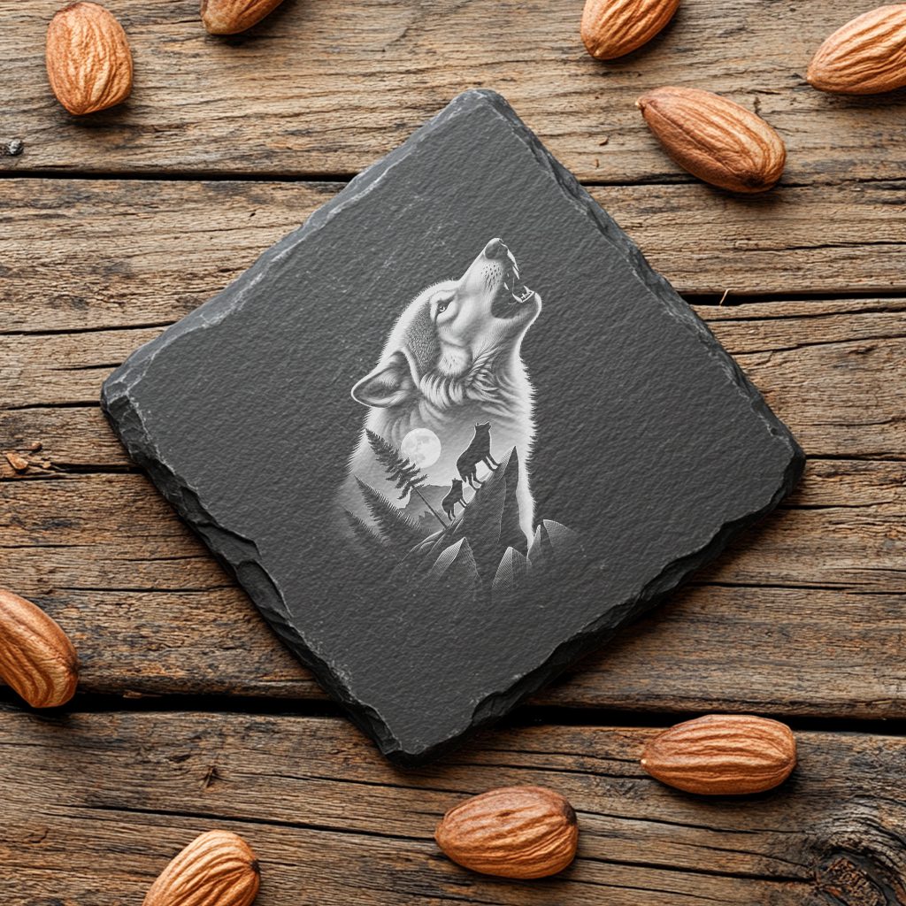 Slate Coaster Engraving File, Double Exposure Wolf Moon,