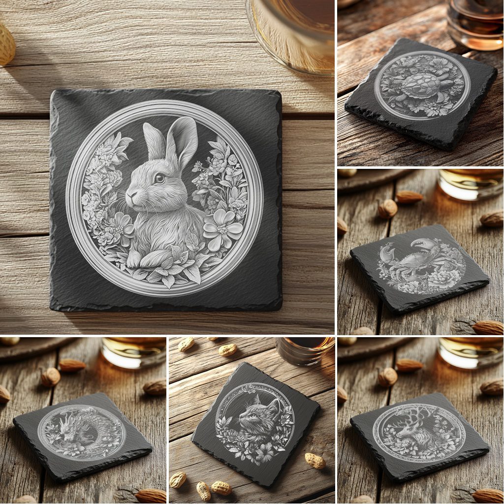 Slate Coaster Engraving Files Bundle, 3D Illusion Animal