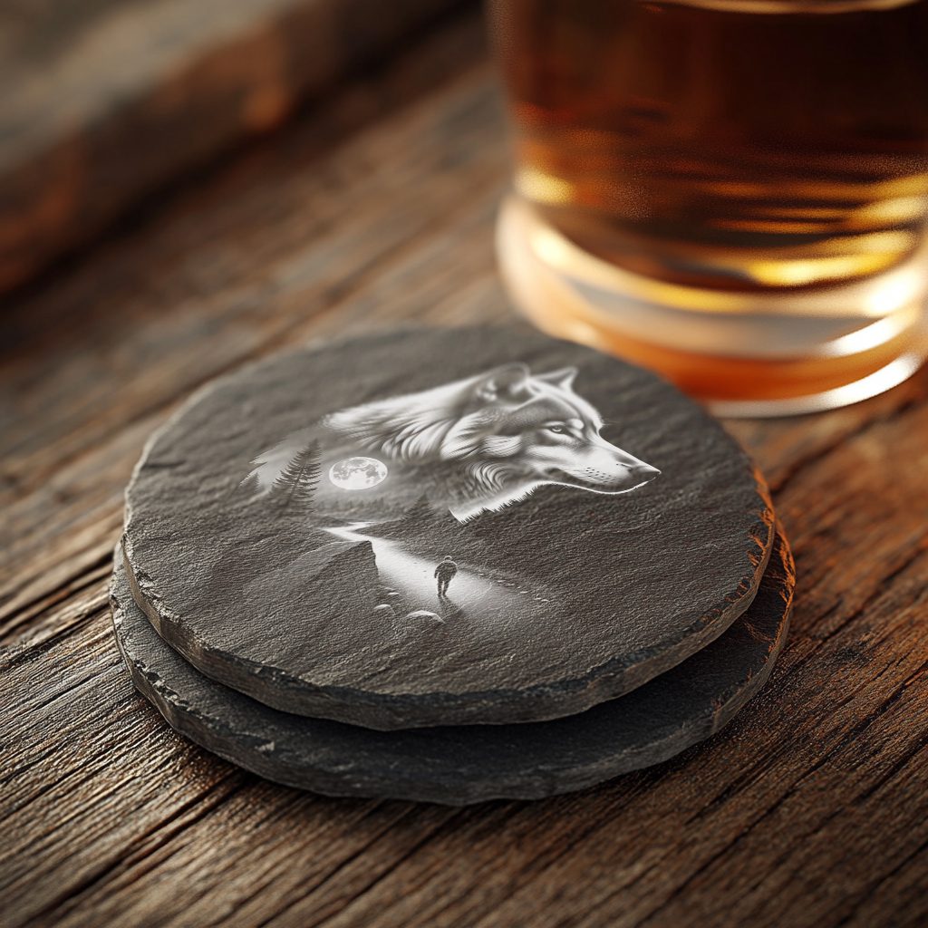 Slate Coaster Engraving Template, Double Exposure Wolf, Person