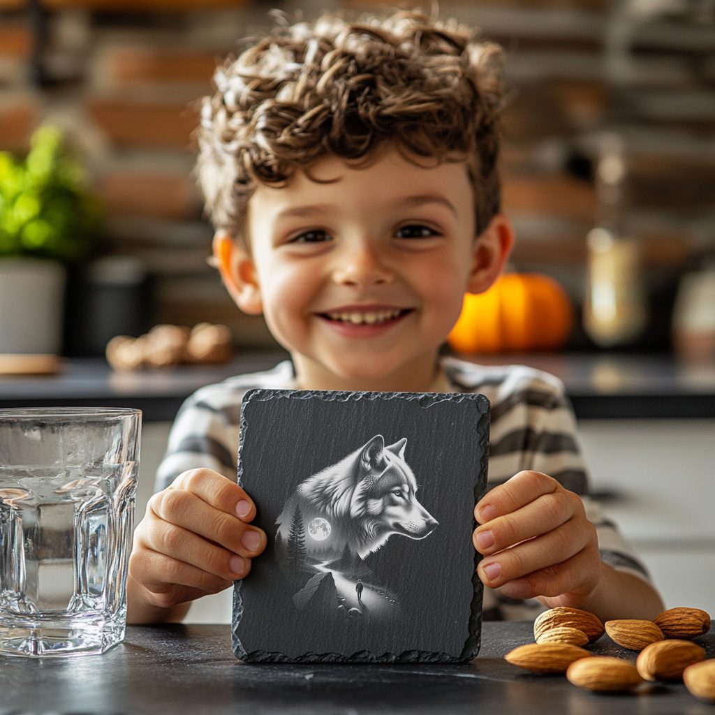 Slate Coaster Engraving Template, Double Exposure Wolf, Person