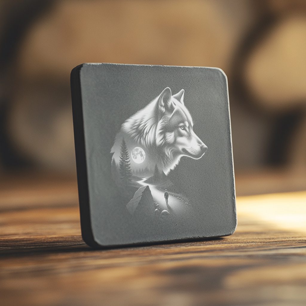 Slate Coaster Engraving Template, Double Exposure Wolf, Person