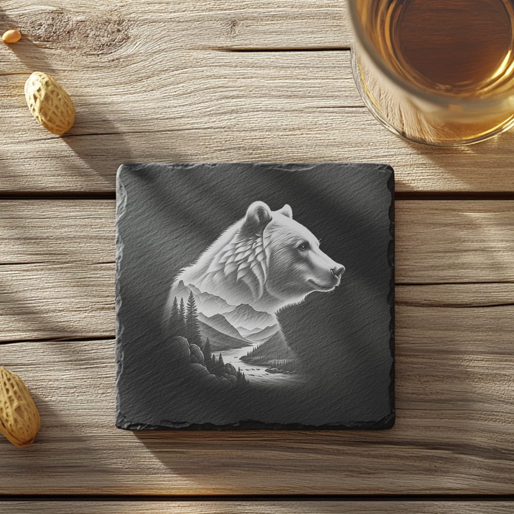 Slate Coaster Laser Engraving File, Double Exposure Bear