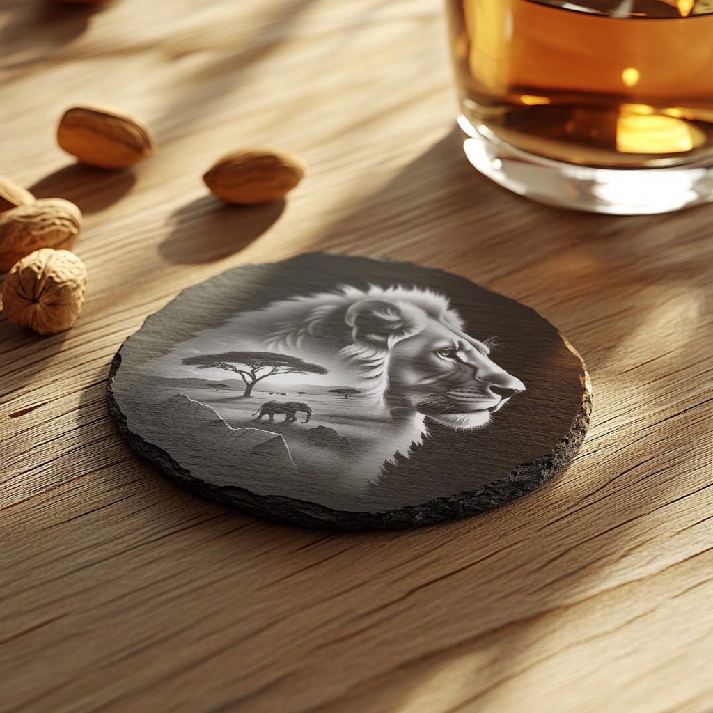 Slate Coaster Laser Engraving File, Double Exposure Lion