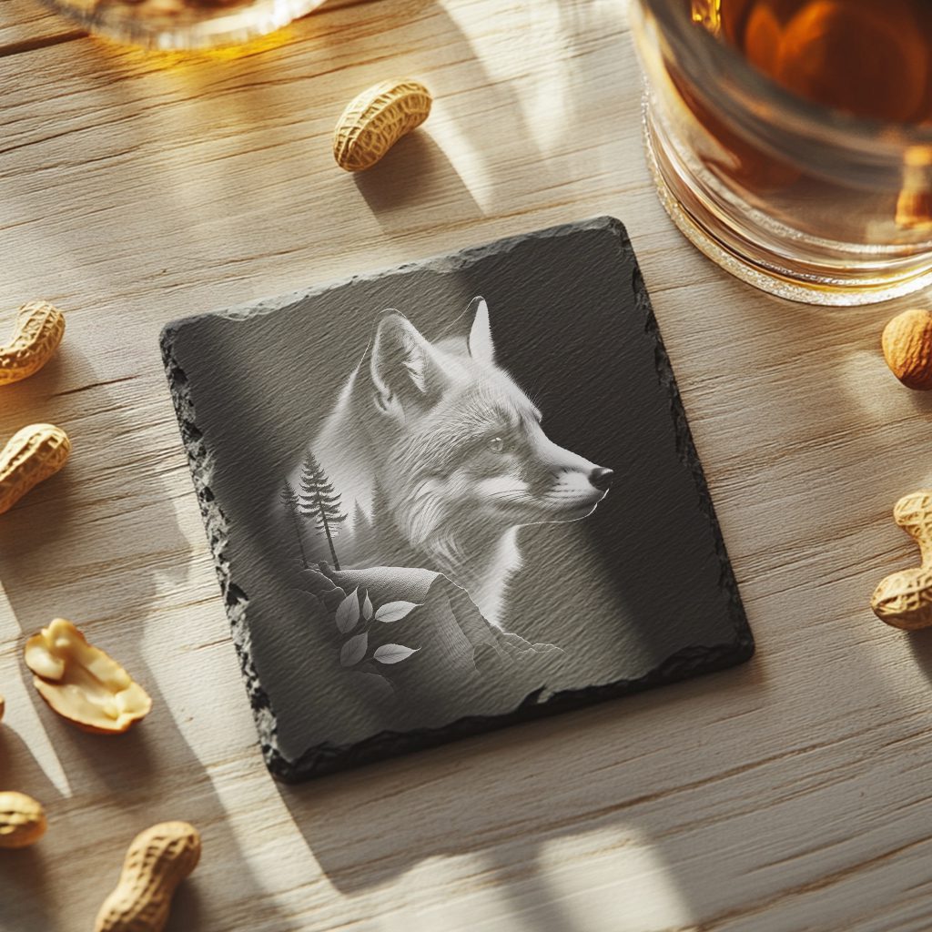 Slate Coaster Laser Engraving File, Double Exposure Wolf,