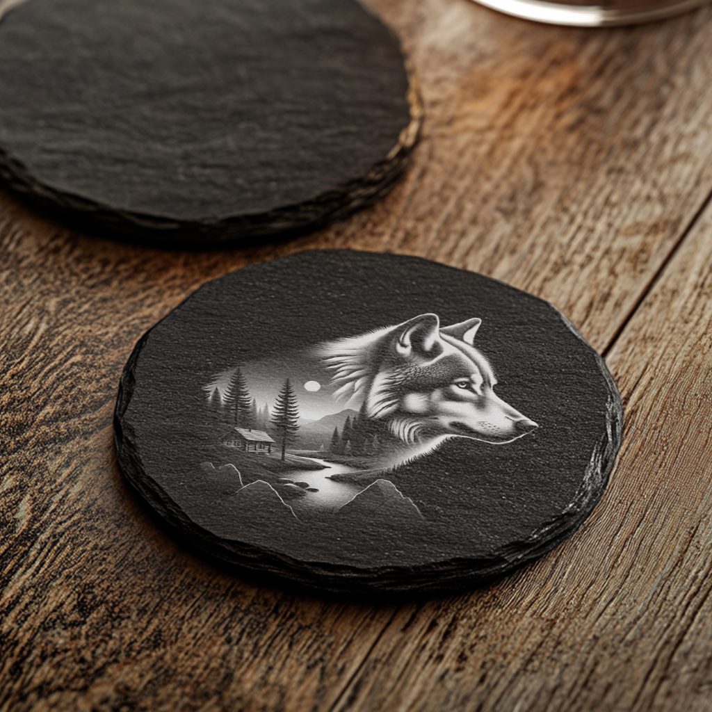 Wolf Double Exposure Slate Coaster Engraving File, Nature
