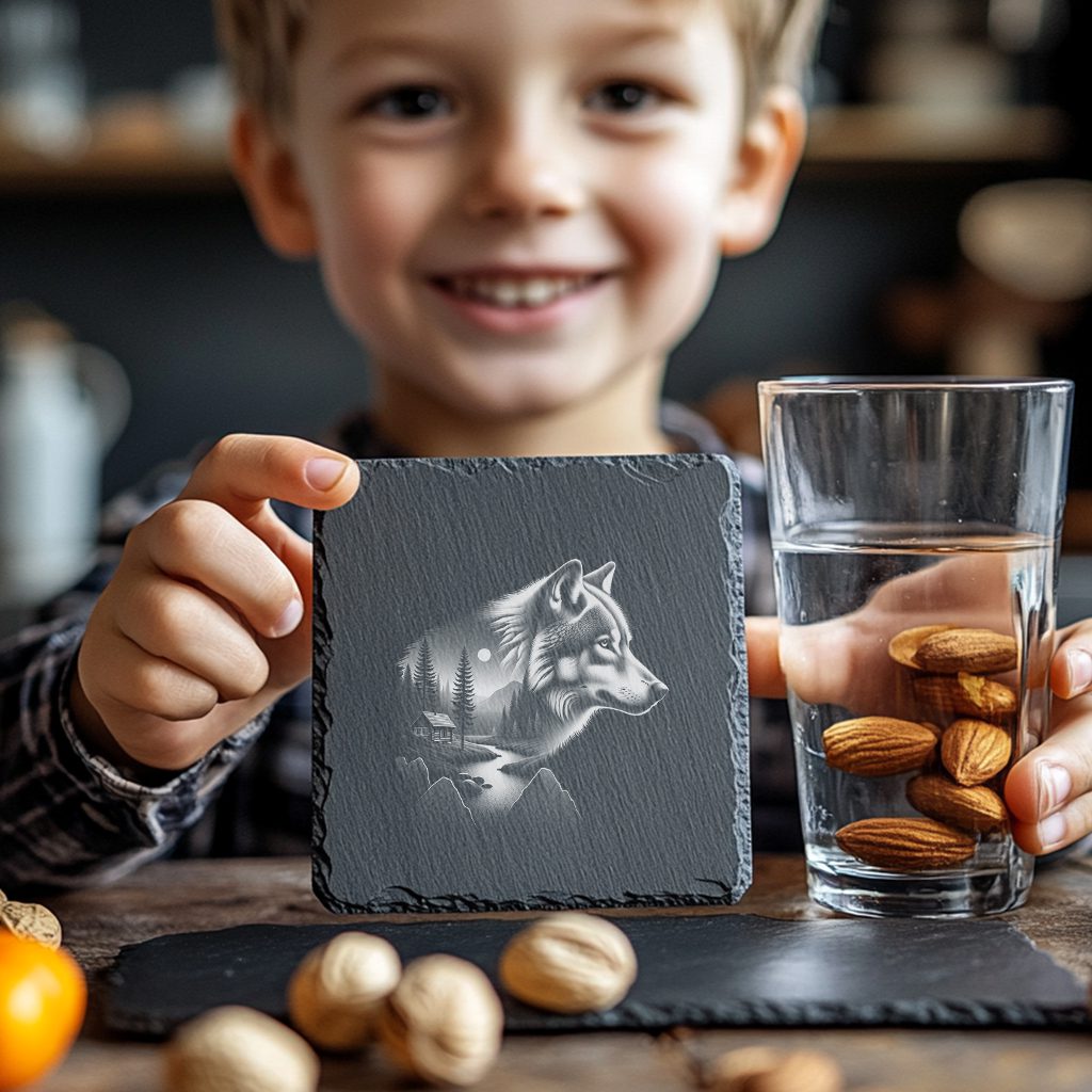 Wolf Double Exposure Slate Coaster Engraving File, Nature