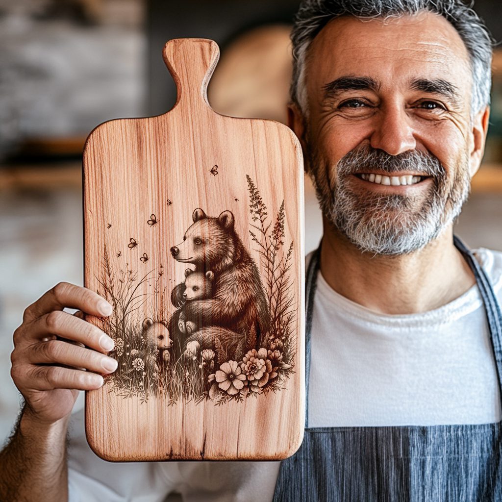 Bear Family Charcuterie Board Laser Engraving File, Rustic
