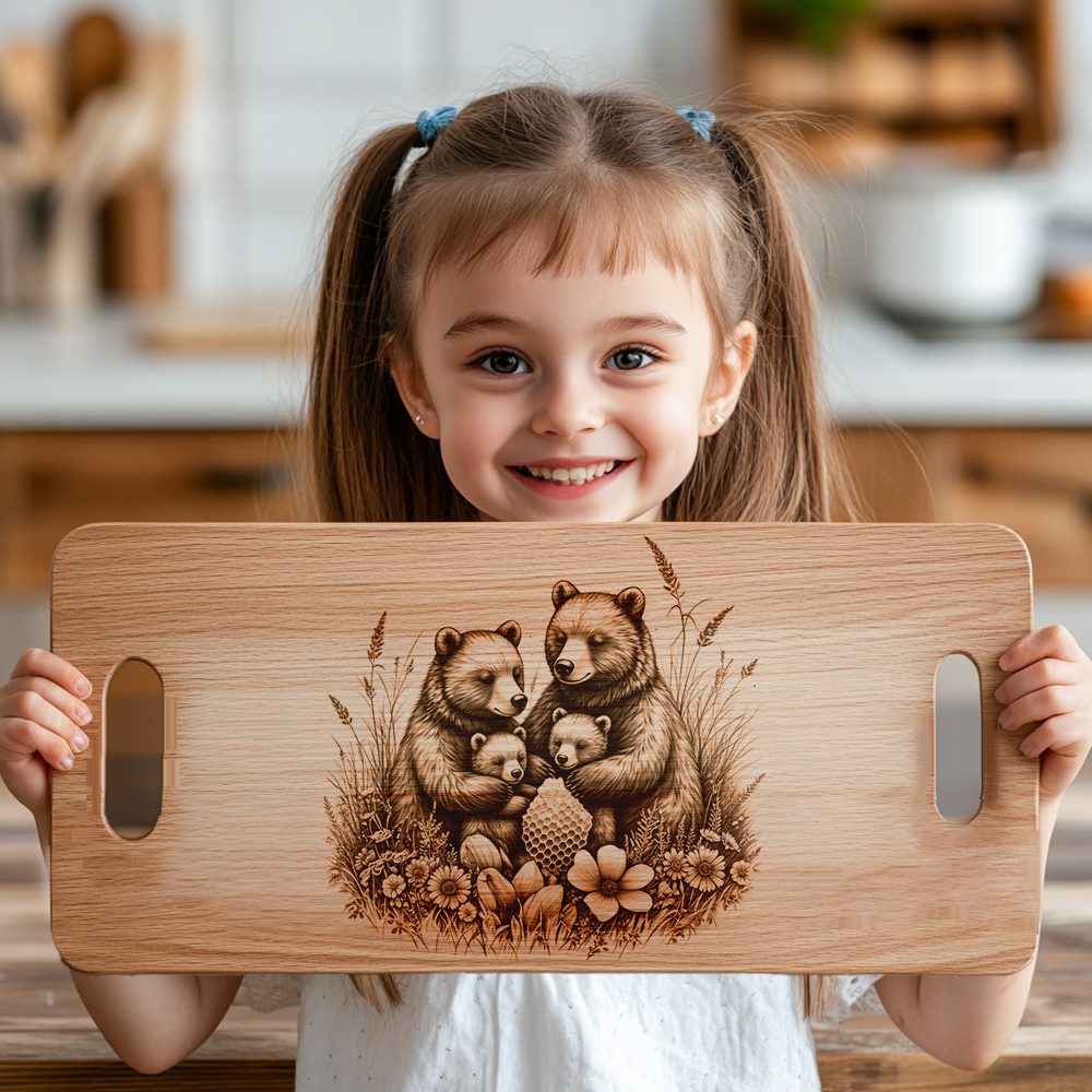 Bear Family Charcuterie Board Laser Engraving File, Rustic