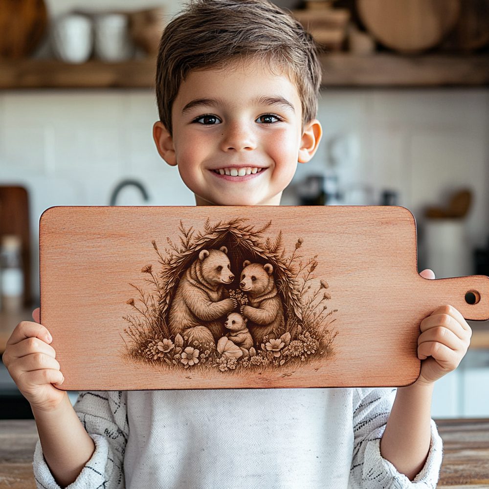 Bear Family Floral Charcuterie Board Engraving File, Rustic