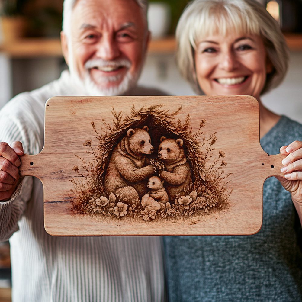 Bear Family Floral Charcuterie Board Engraving File, Rustic