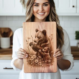 Charcuterie Board Engraving File, Bear Cub Flowers Design,