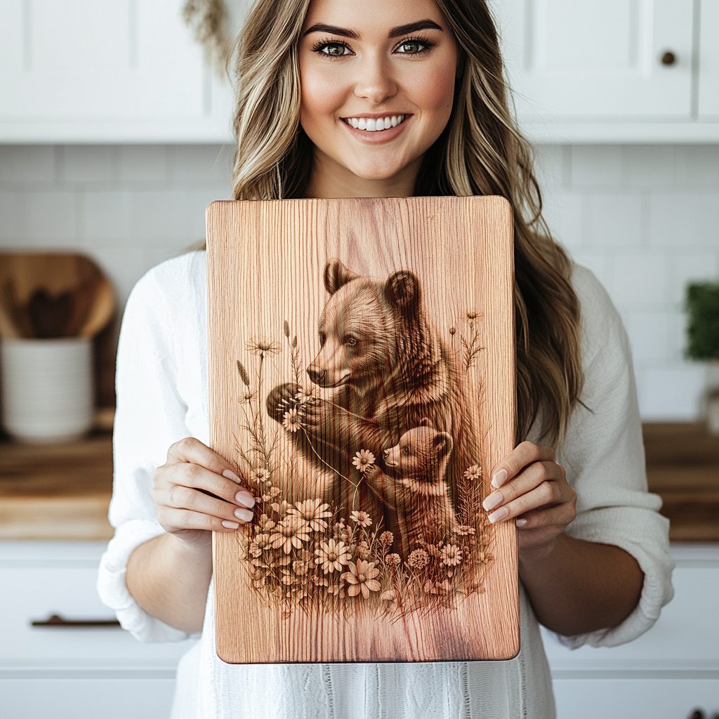 Charcuterie Board Engraving File, Bear Cub Flowers Design,