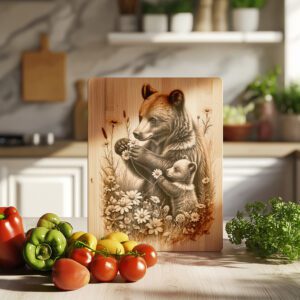 Charcuterie Board Engraving File, Bear Cub Flowers Design,