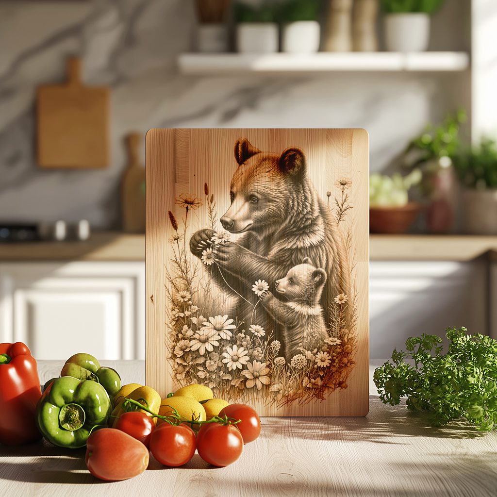 Charcuterie Board Engraving File, Bear Cub Flowers Design,
