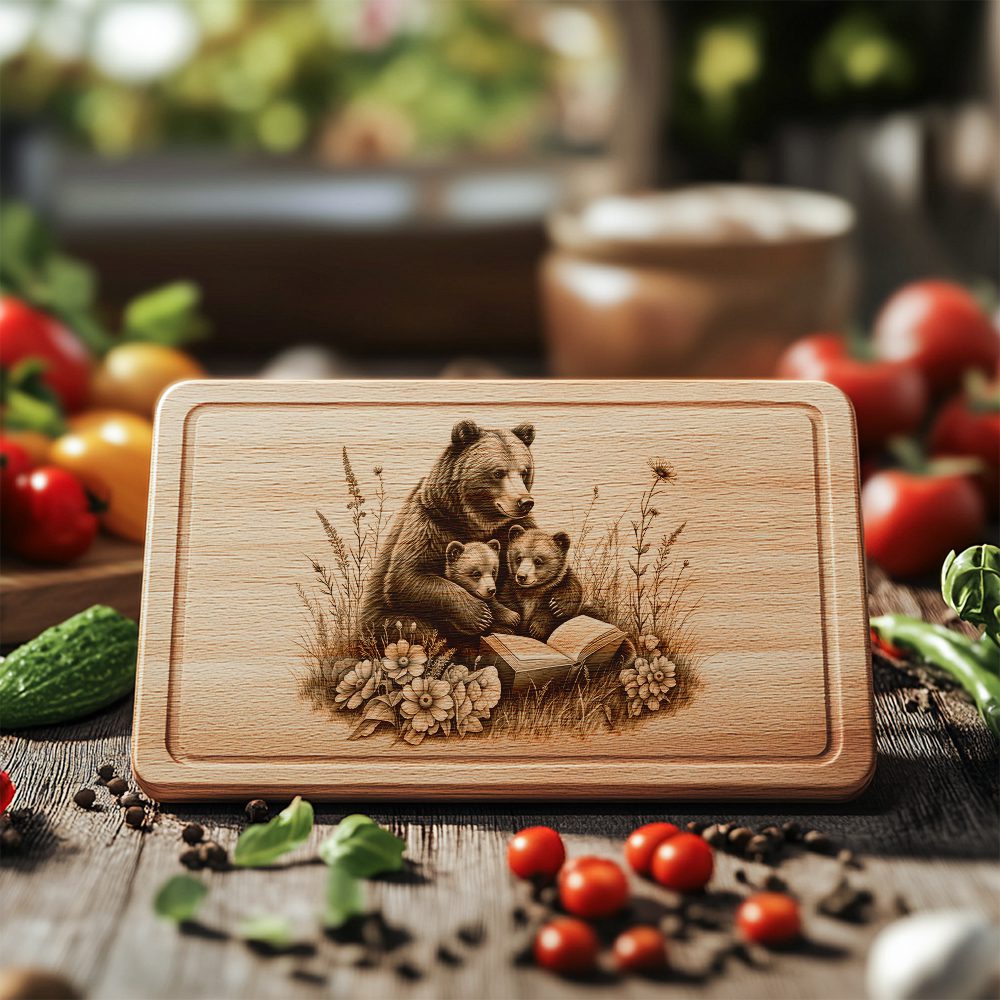 Charcuterie Board Engraving File, Bear Family Reading, Unique Kitchen Decor Design – Image 2