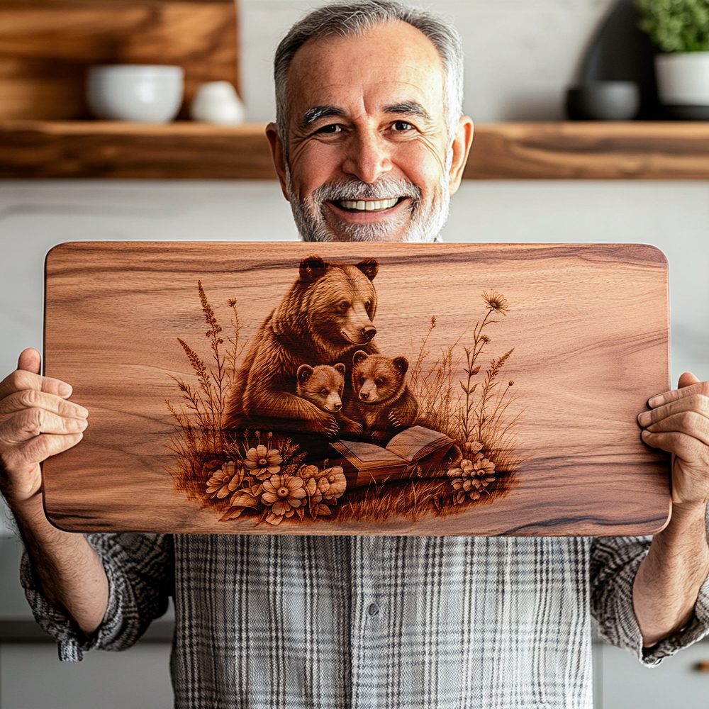 Charcuterie Board Engraving File, Bear Family Reading, Unique Kitchen Decor Design – Image 3