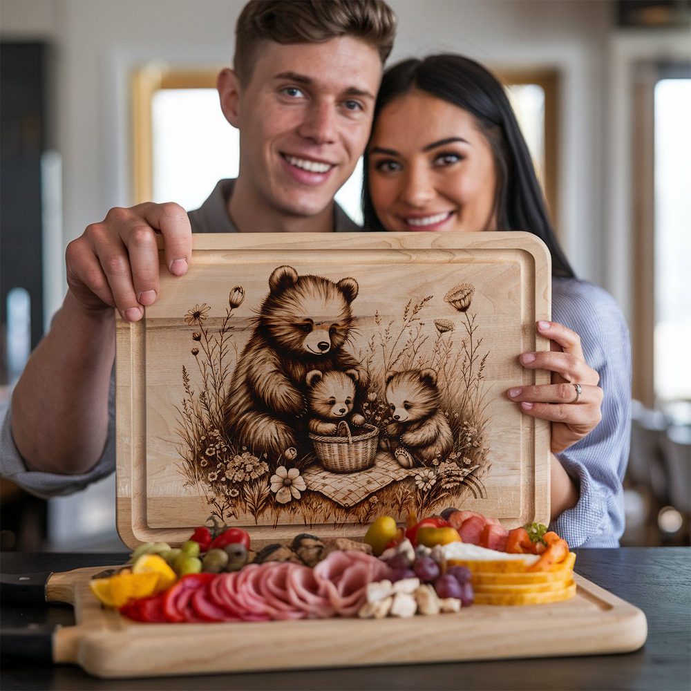 Charcuterie Board Engraving File, Bears Picnic Sketch, Laser