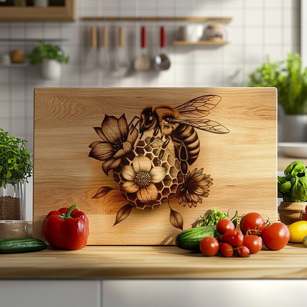 Charcuterie Board Engraving File, Bee Honeycomb Flowers Design,