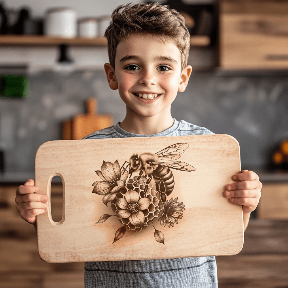 Charcuterie Board Engraving File, Bee Honeycomb Flowers Design,