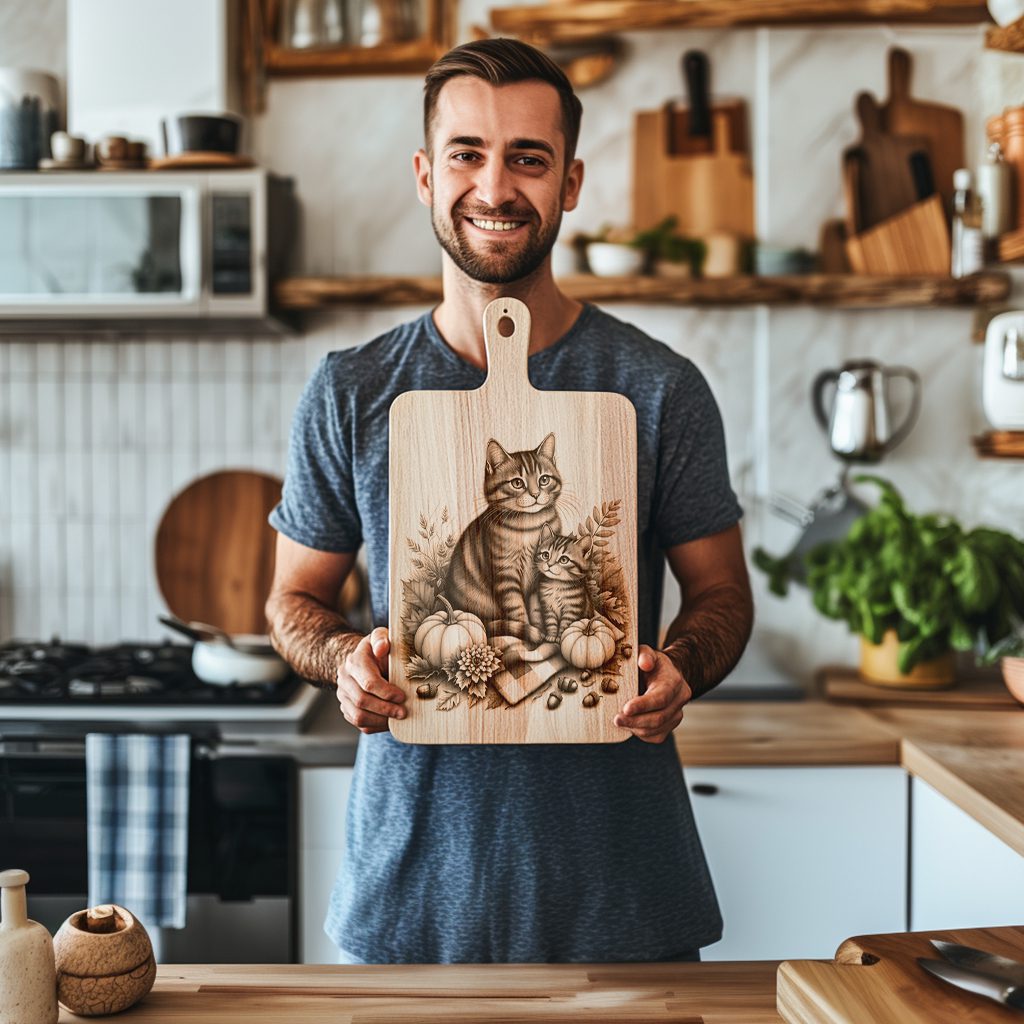Charcuterie Board Engraving File, Cat Family, Autumn Kitchen