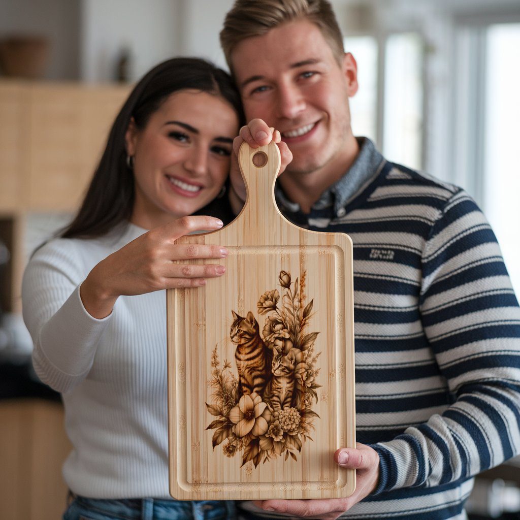 Charcuterie Board Engraving File, Cat Family Floral Decor,