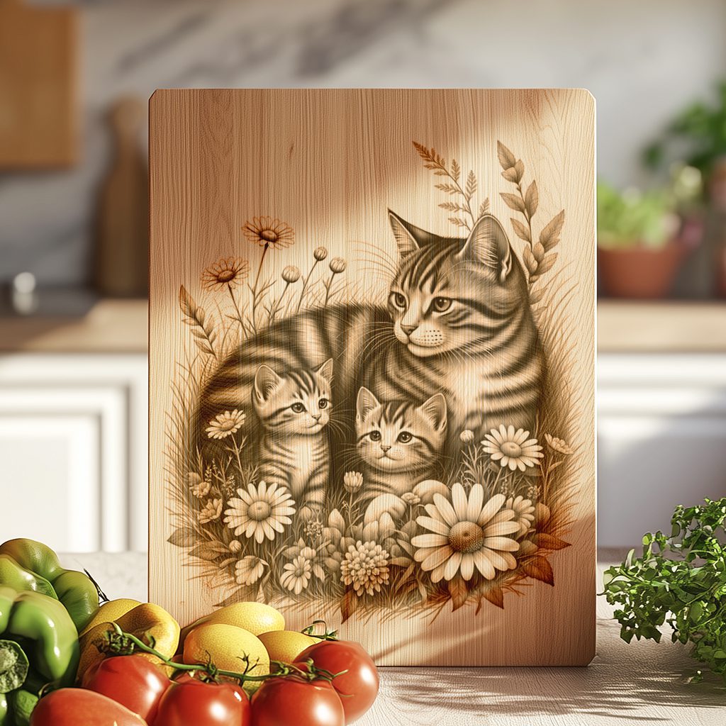 Charcuterie Board Engraving File, Cat Family Floral Garden,