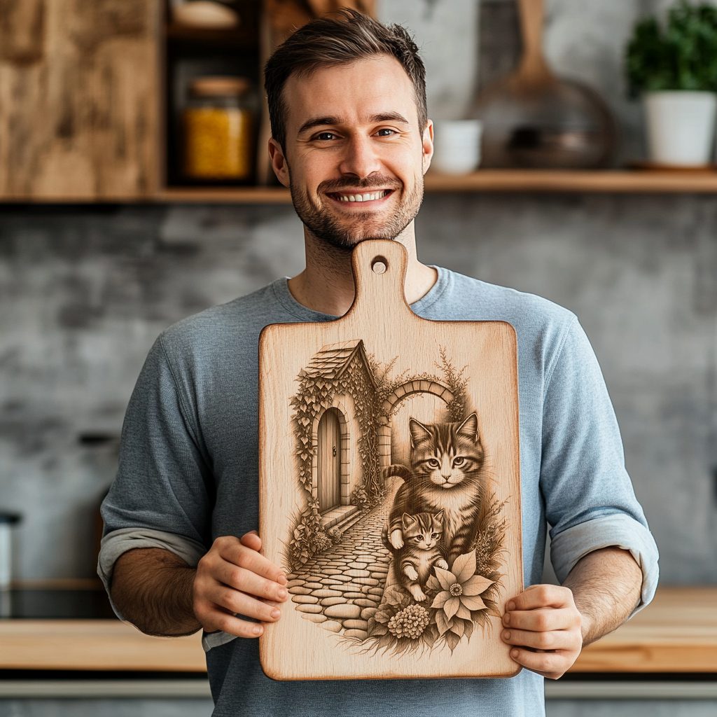 Charcuterie Board Engraving File, Cat Family, House, Flowers,