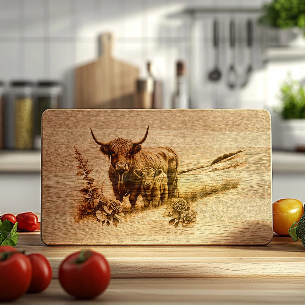 Charcuterie Board Engraving File, Highland Cow Family, Rustic