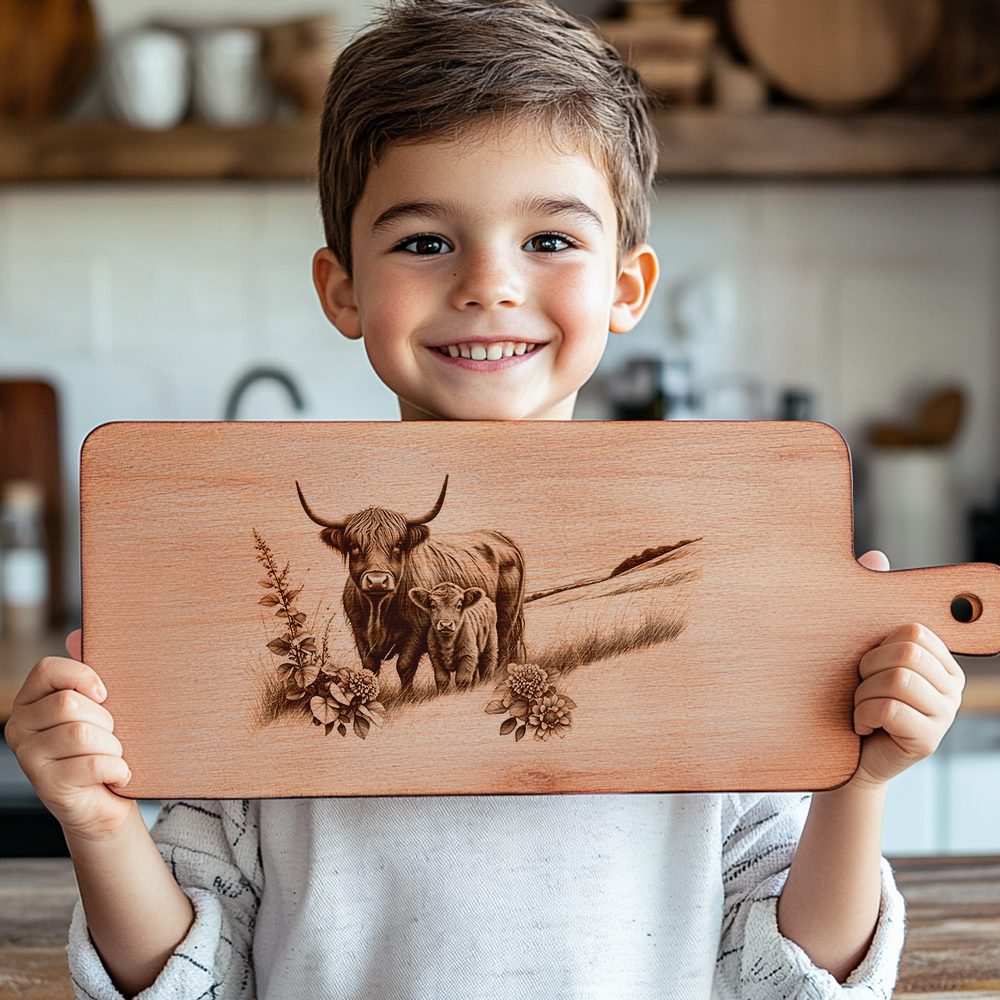 Charcuterie Board Engraving File, Highland Cow Family, Rustic