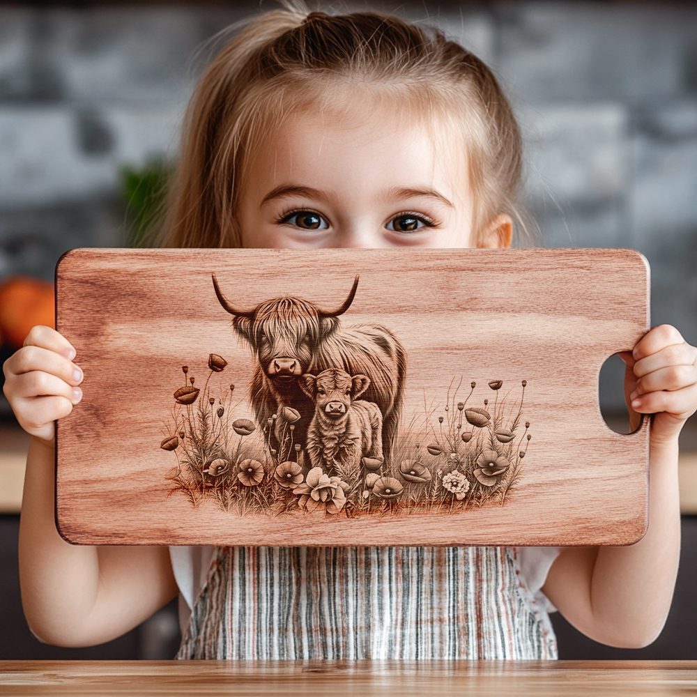 Charcuterie Board Engraving File, Highland Cow Poppy Field,
