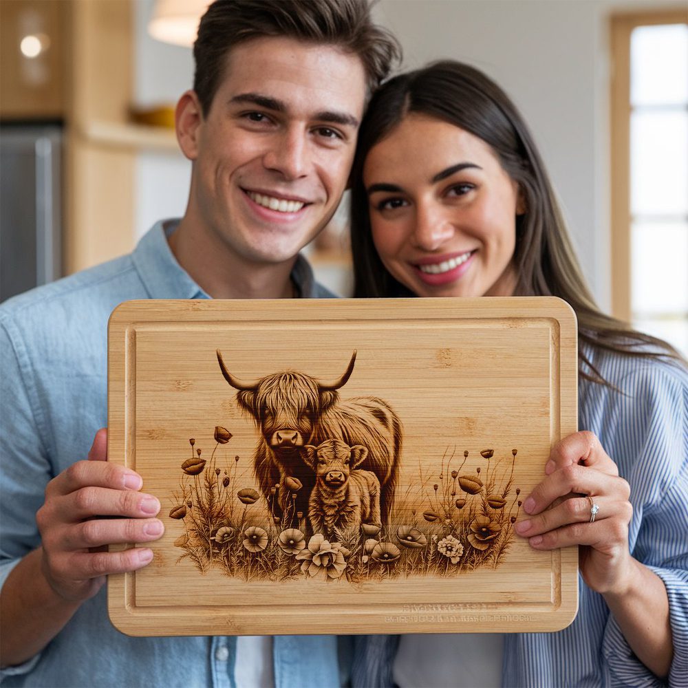 Charcuterie Board Engraving File, Highland Cow Poppy Field,