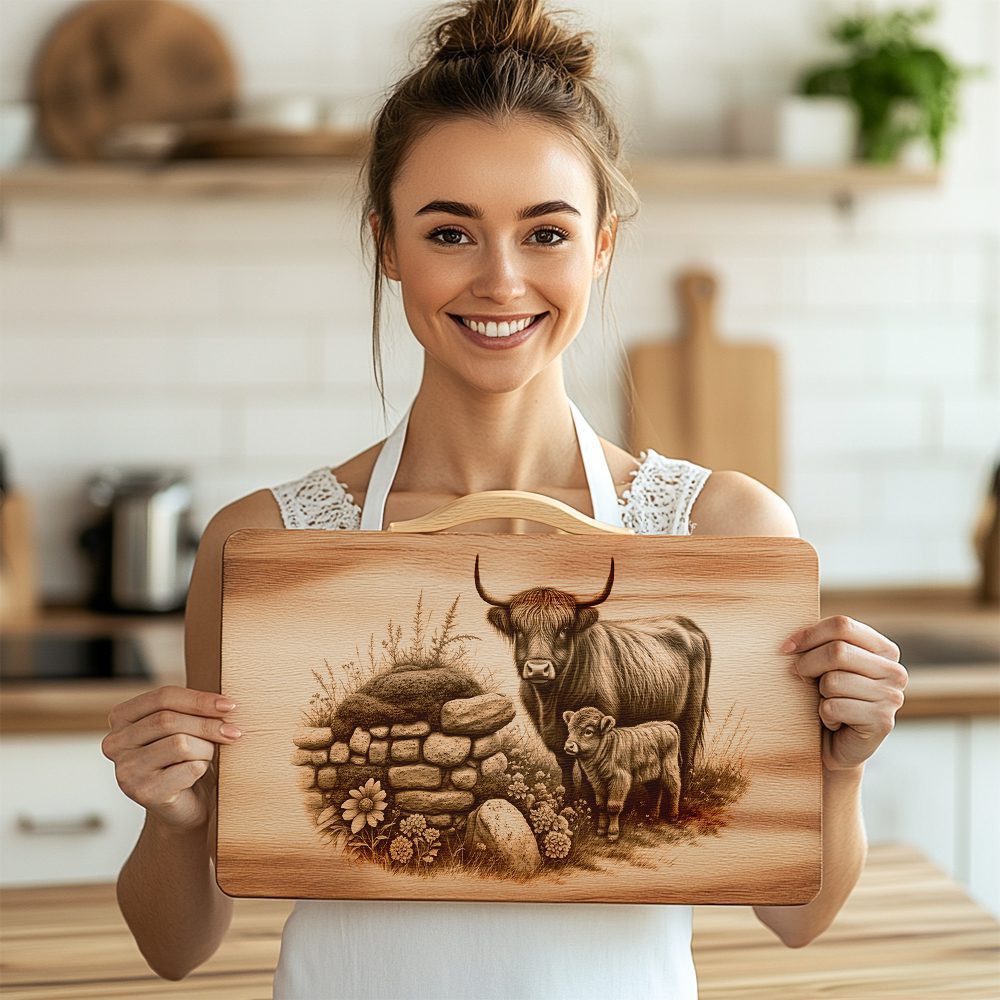 Charcuterie Board Engraving File, Highland Cow Stone Wall,