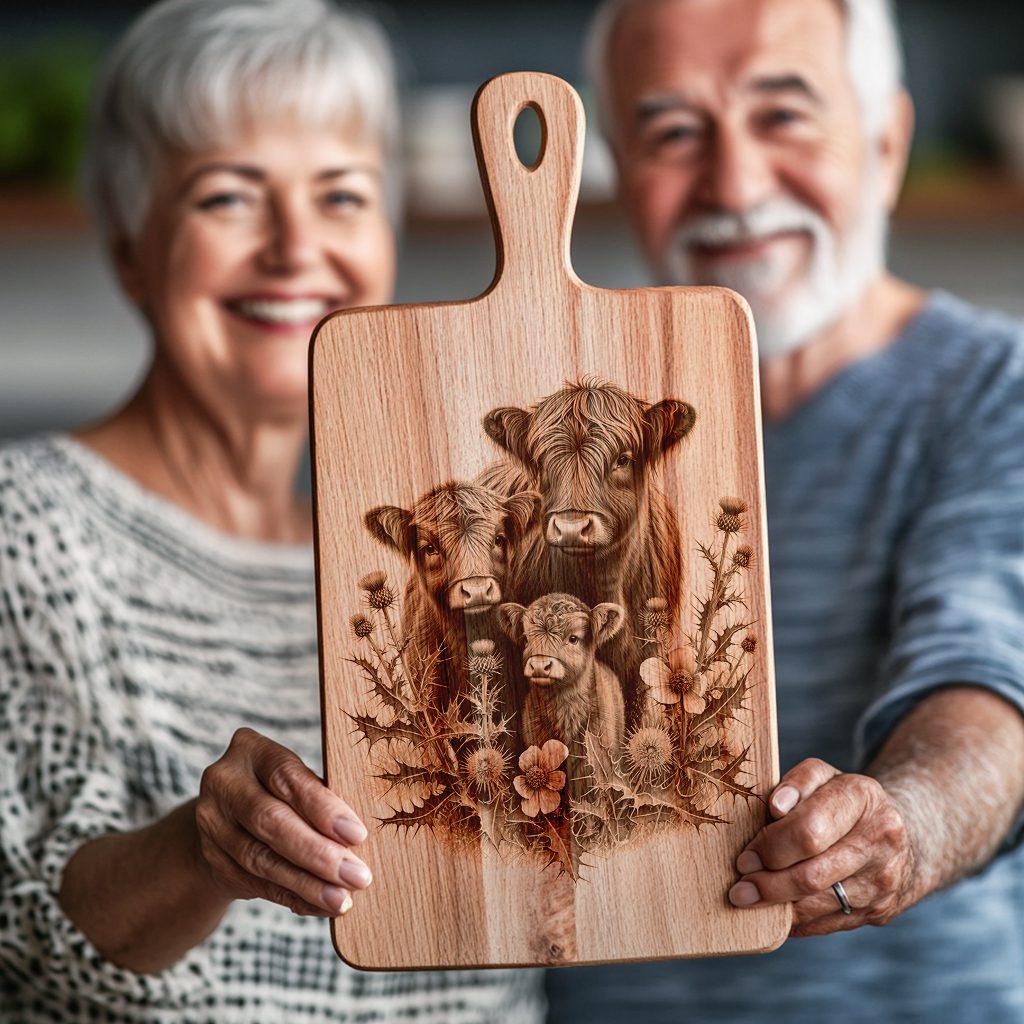 Charcuterie Board Engraving File, Highland Cow Thistle Design,