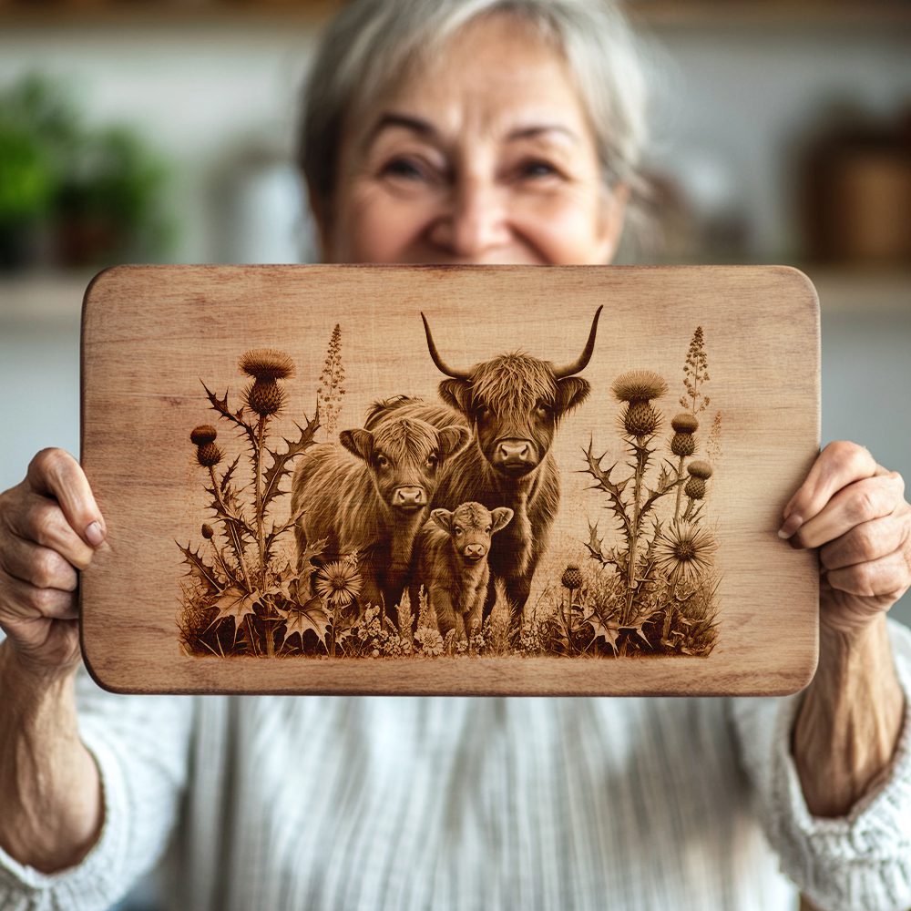 Charcuterie Board Engraving File, Highland Cow Thistle Design,