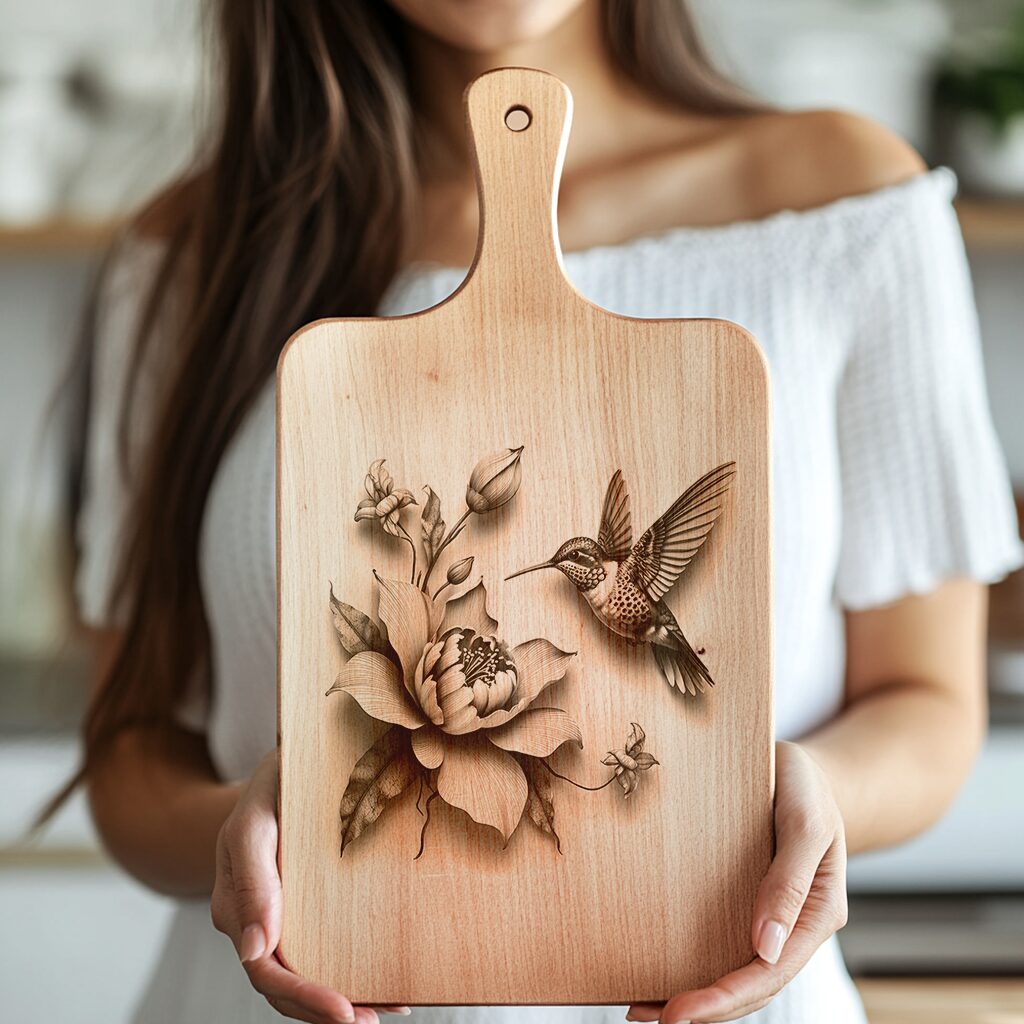 Charcuterie Board Engraving File, Hummingbird and Blossom Design,