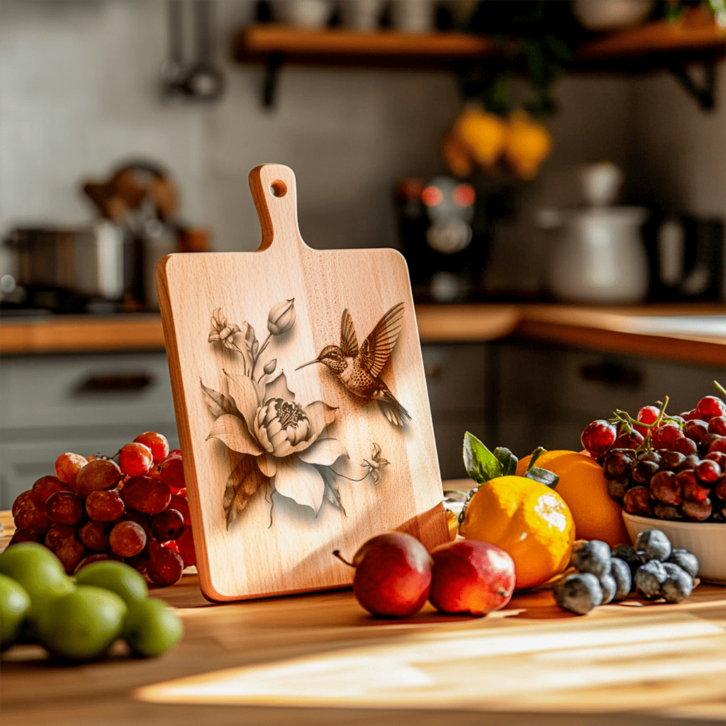 Charcuterie Board Engraving File, Hummingbird and Blossom Design,