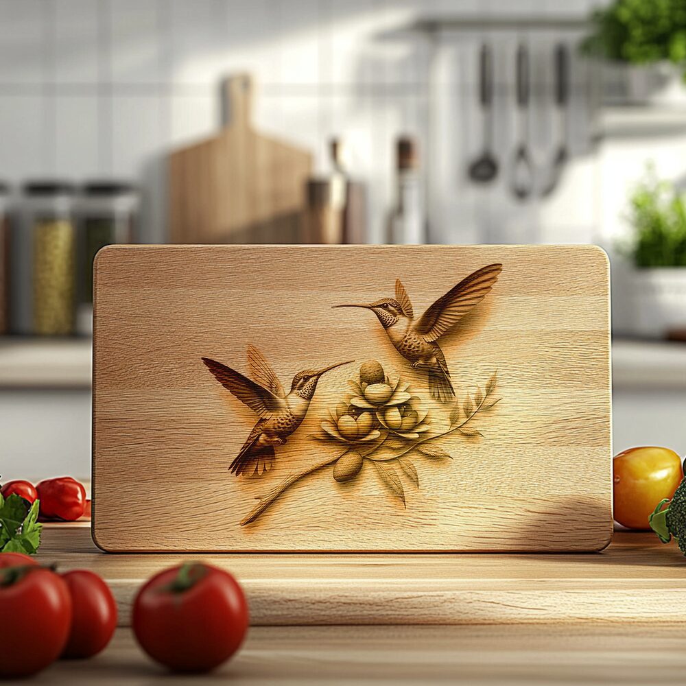 Charcuterie Board Laser Engraving Design, Hummingbird Couple, Lotus