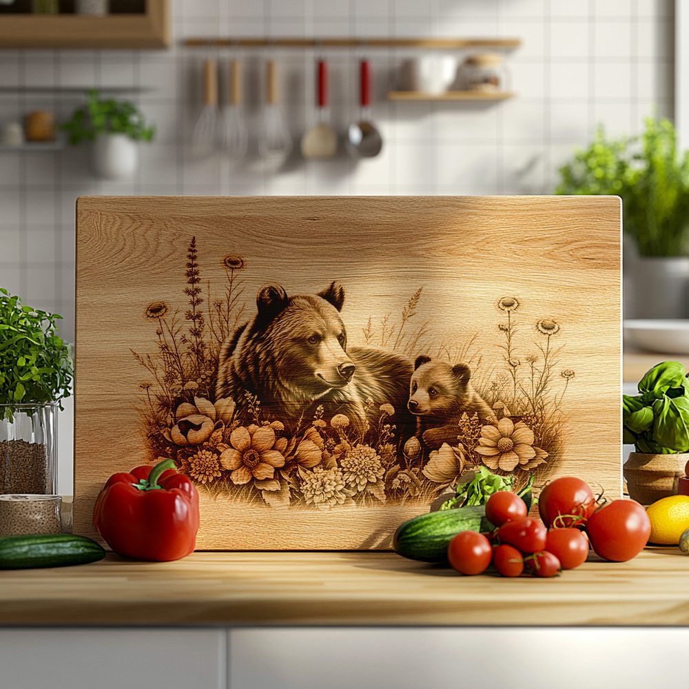 Charcuterie Board Laser Engraving File, Bear Cub Floral