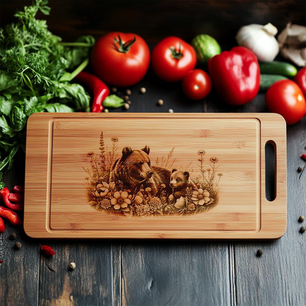 Charcuterie Board Laser Engraving File, Bear Cub Floral